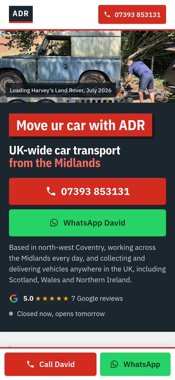 ADR Vehicle Transport homepage on a phone