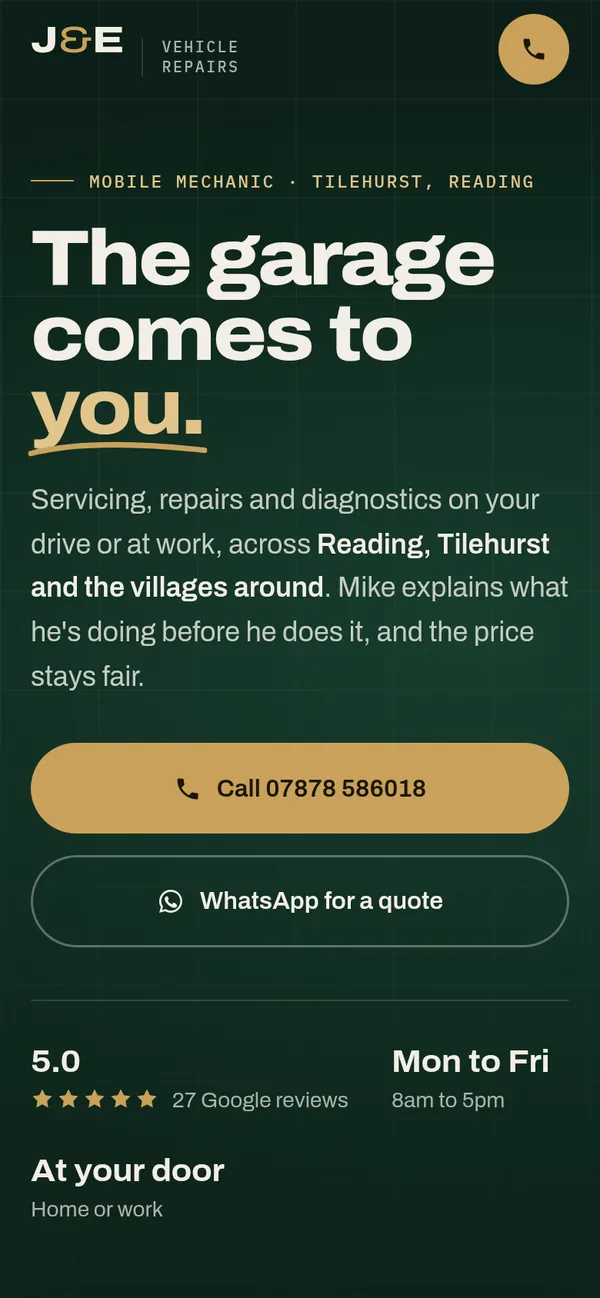 J&E Vehicle Repairs homepage on a phone